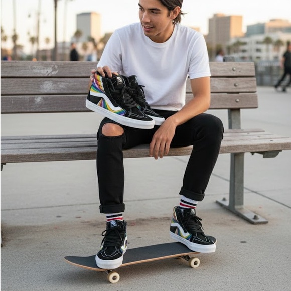 Vans Women's Black and Rainbow High-Top Sneakers - Picture 2 of 8